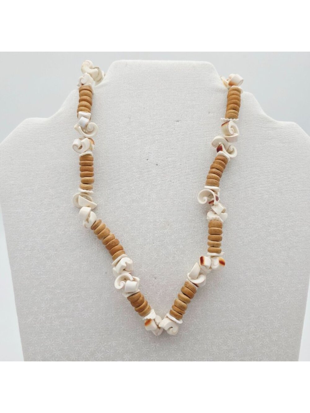 Shell & Coconut Beaded Necklace Natural Tones Handmade Lightweight 16"